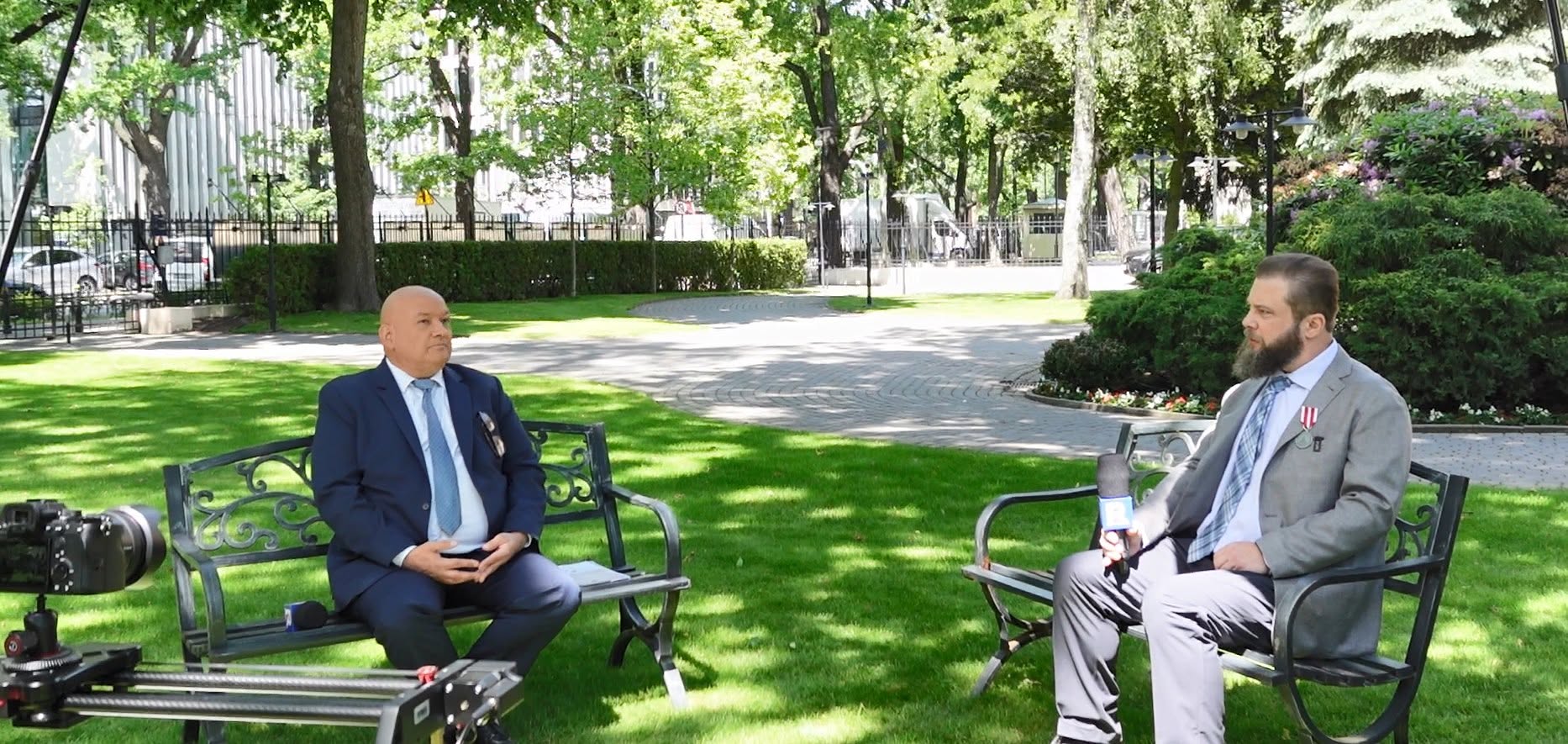 Mike Calamus during a television interview in Poland